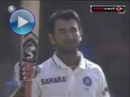 Chetaswar Pujara's maiden unbeaten 206 helped India declare on 521-8 before England slumped to 41-3. Cook survived but debutant Compton, nightwatchman James Anderson and then Jonathan Trott were spun put by Ashwin and Ojha. England 41 for 3 (Cook 22*, Pietersen 6*) trail India 521 for 8 dec (Pujara 206*, Sehwag 117, Yuvraj 74, Swann 5-144) by 480 runs. 1st Test, Nov 2012